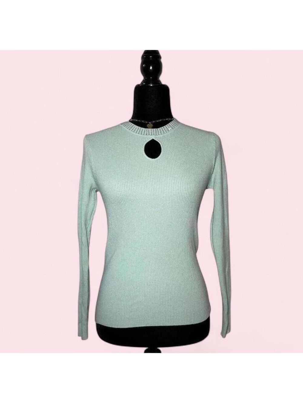 Code Mint Blue Rhinestone Neckline Top Y2K Glam Size 12 - Picture 2 of 4